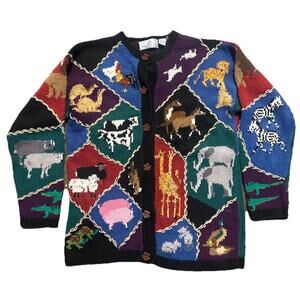 Design Options Knit Noah’s Ark Theme Novelty Chunky Cardigan Sweater Size Large